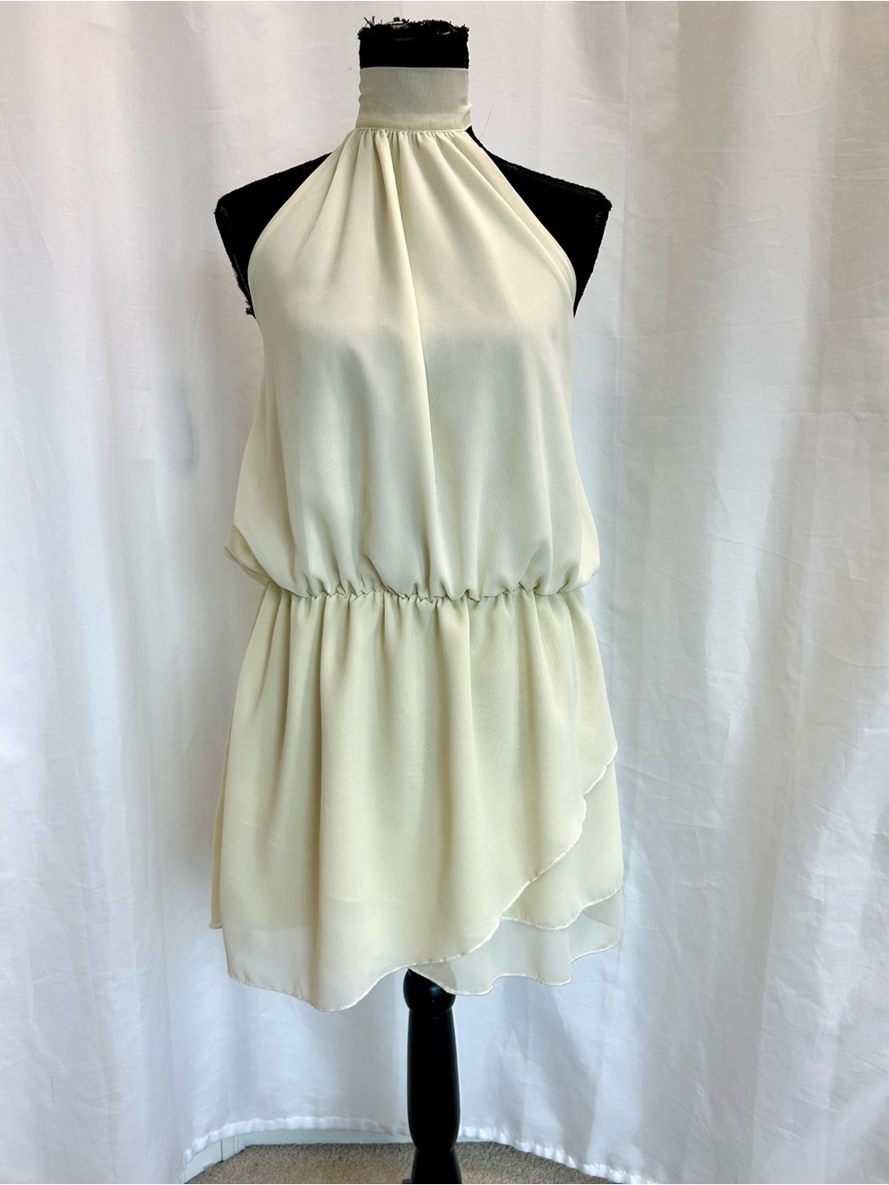 Ivory Halter Mini Dress Open Back Layered Chiffon Size Large - Picture 5 of 15